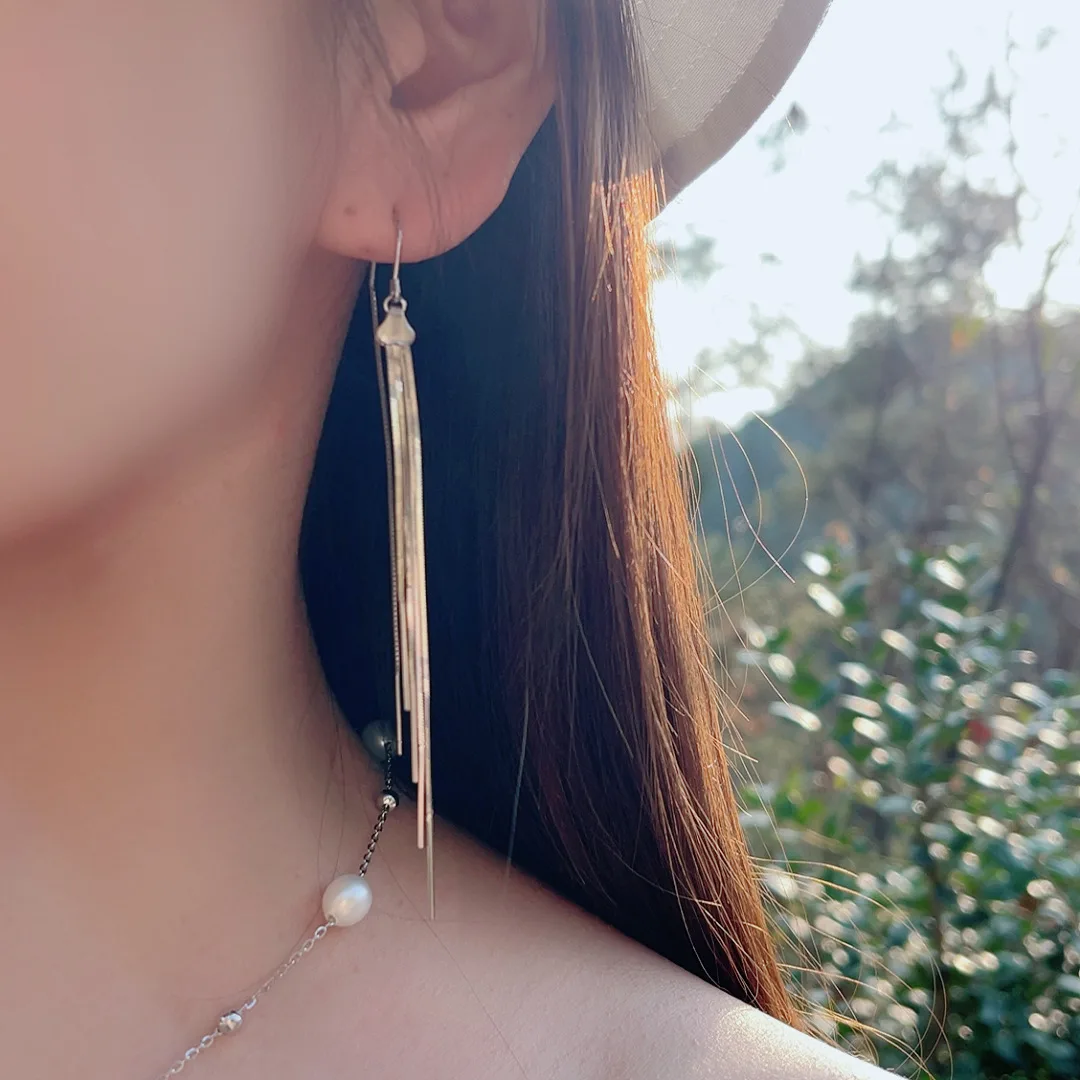 Mid-Long Solid Bar Quad-Snake Chain Heart Wrap Ear Wire — S925