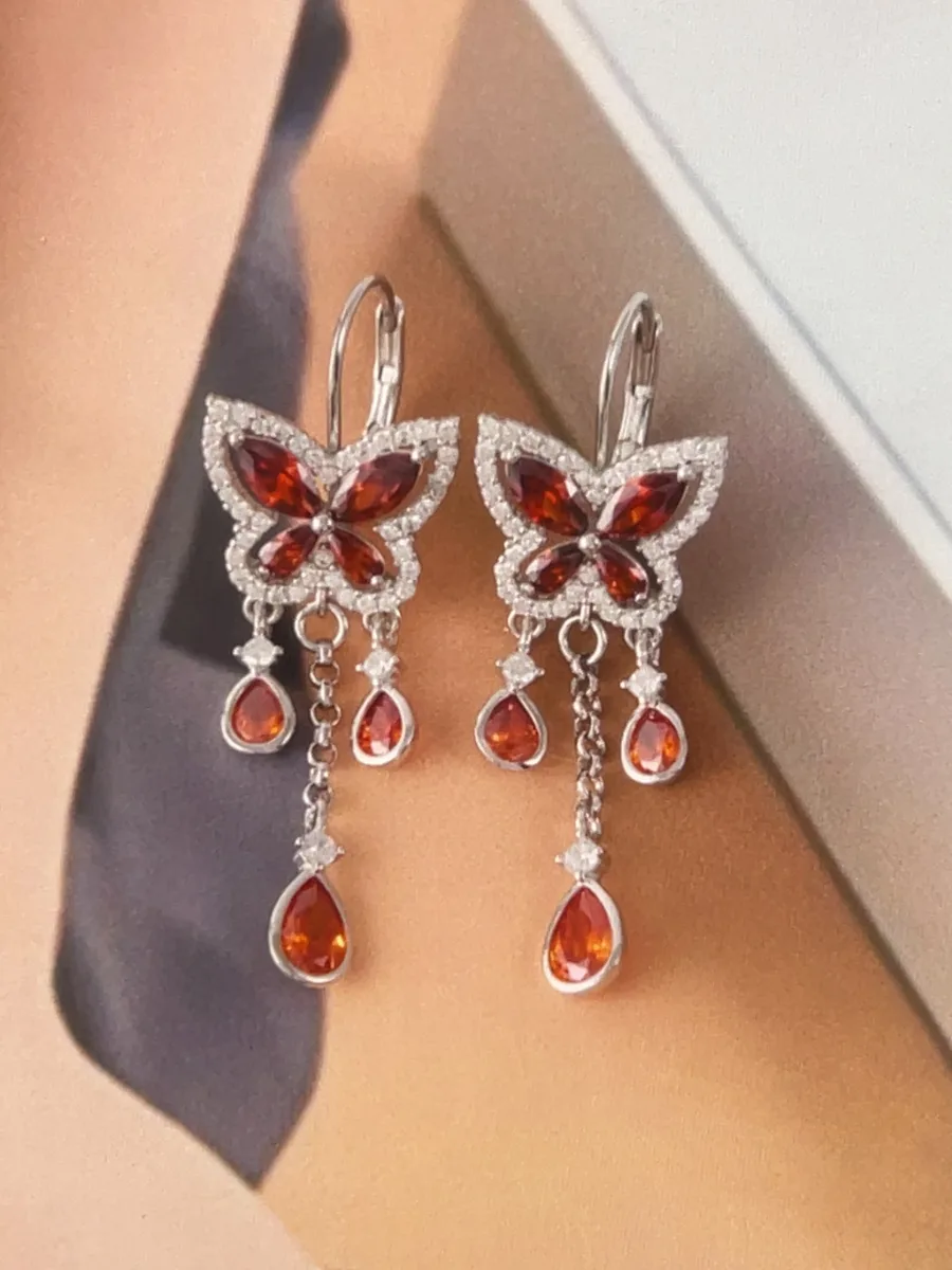 Mid Butterfly Tassel Landscape Teardrop Pendant Ear Clip — S925