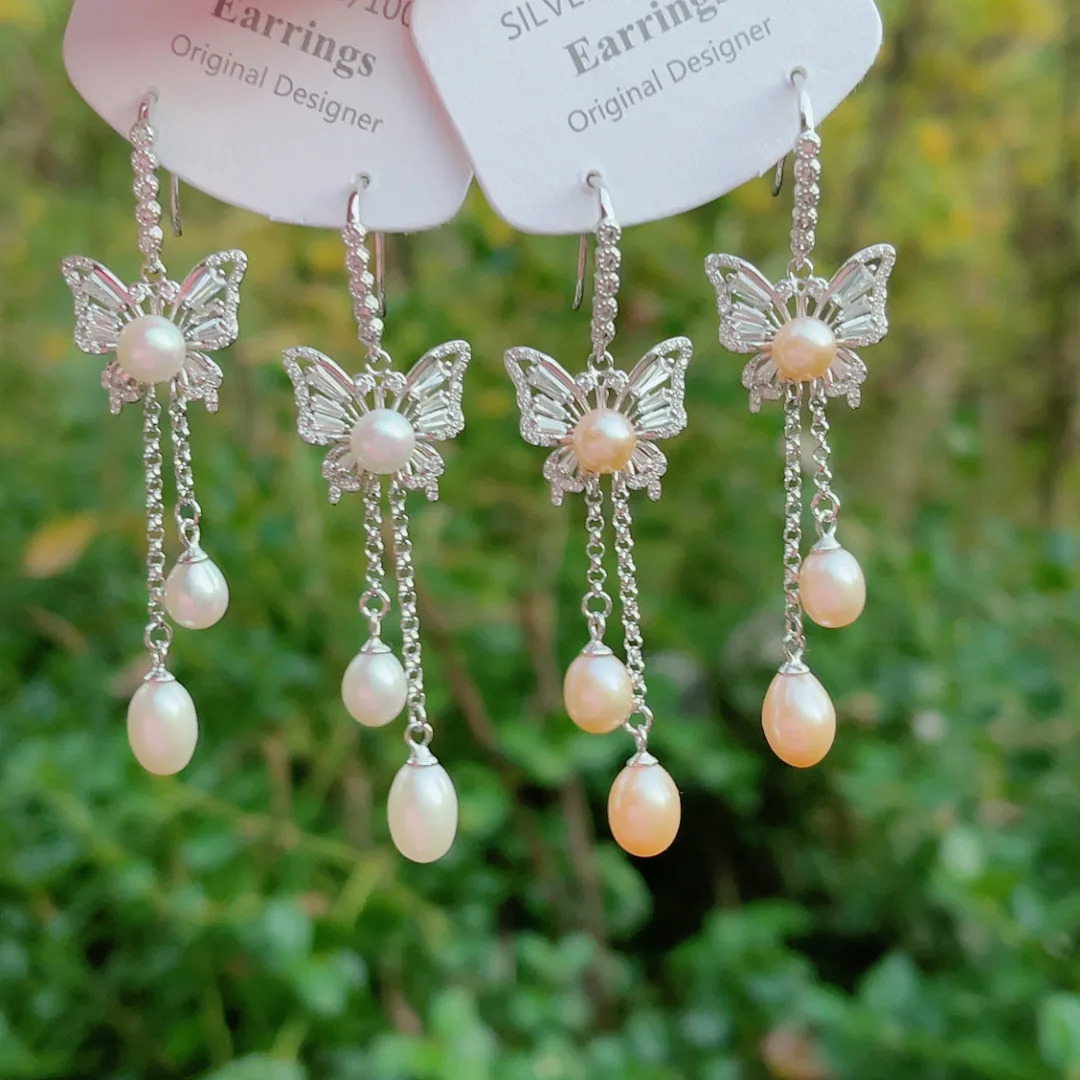 Fine Step-Square Zircon Butterfly Freshwater Pearl Ear Hook — S925